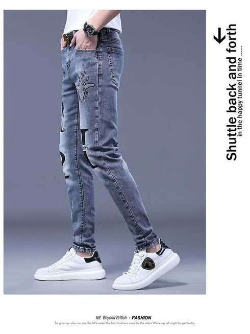 Slim Fit Korean Streetwear Graphical Printed Luxury Hip-Hop Stretch Denim Jeans for Men - Perfect Medium Wash Jeans Outfit